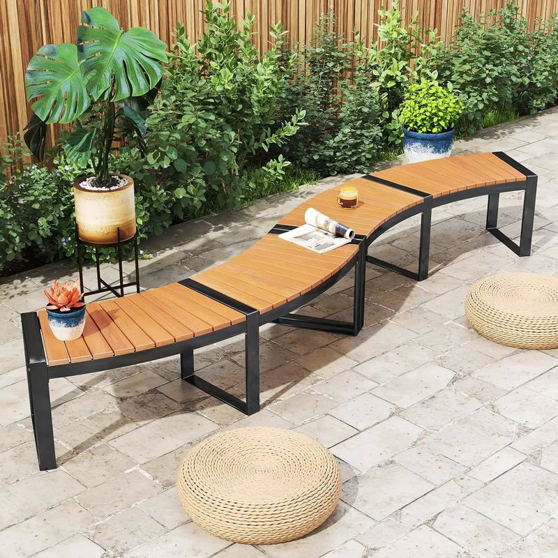 Set of 2 - Outdoor Metal Wood Backless Garden Bench with Modern Curved Design by HomePacific