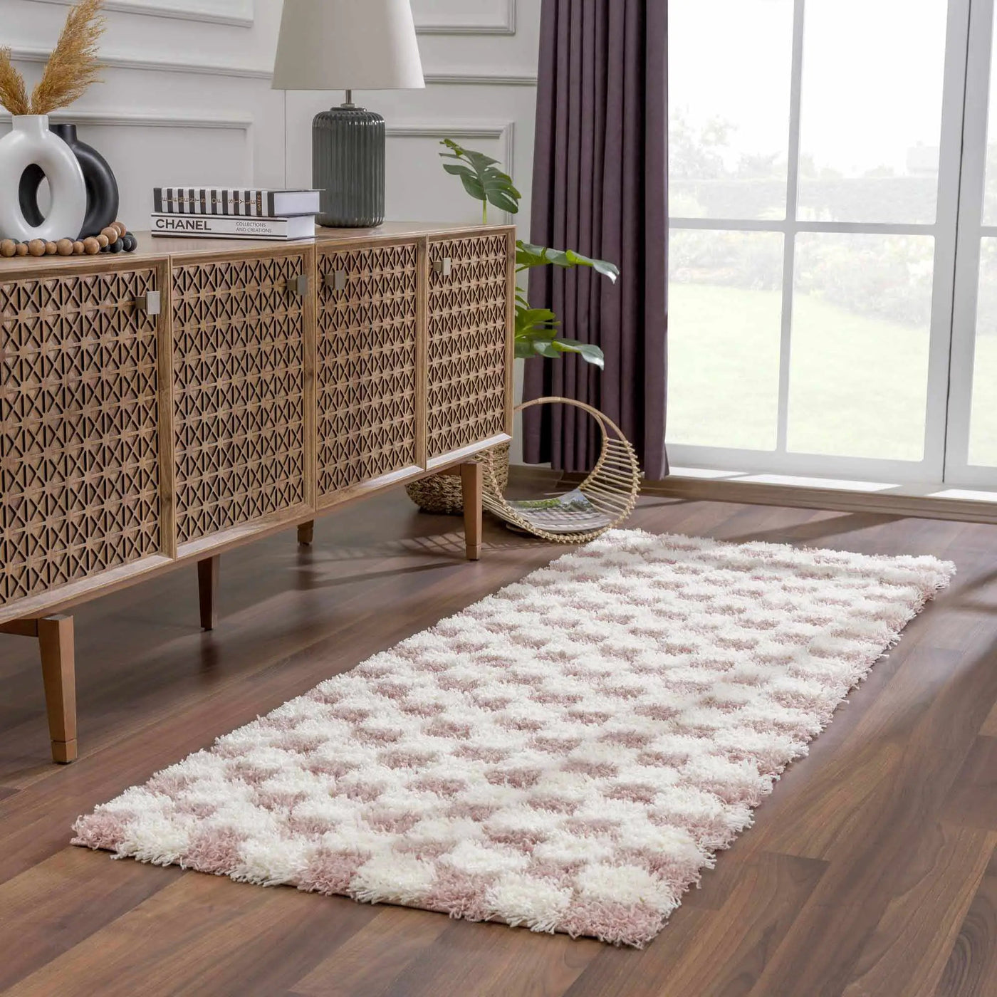 Atira Pink Checkered Shag Rug by Boutique Rugs