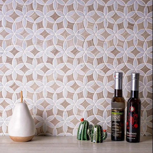 Wooden Beige Bianco Carrara 12x15 Polished Multi-shaped Marble Mosaic Tile (5 pack, 6.175 sq ft/case)