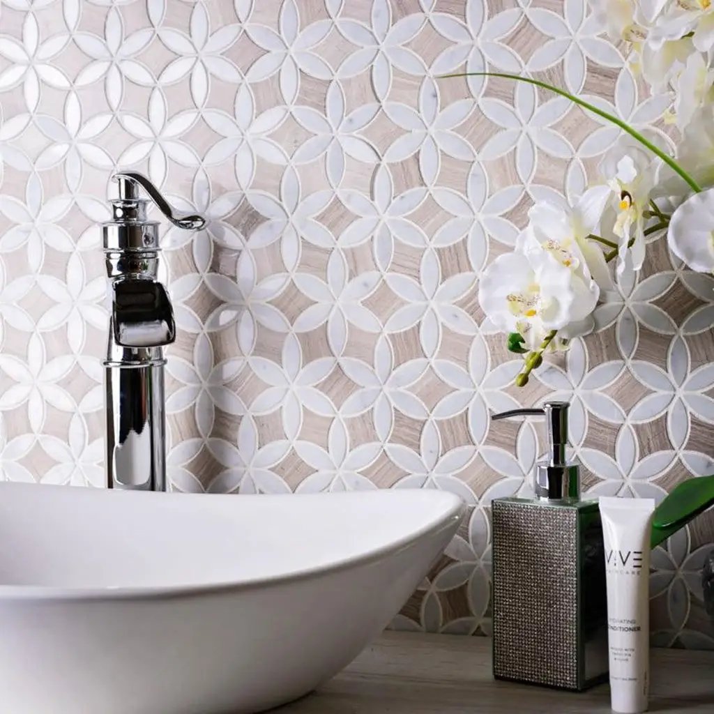 Wooden Beige Bianco Carrara 12x15 Polished Multi-shaped Marble Mosaic Tile (5 pack, 6.175 sq ft/case) by Apollo Tile