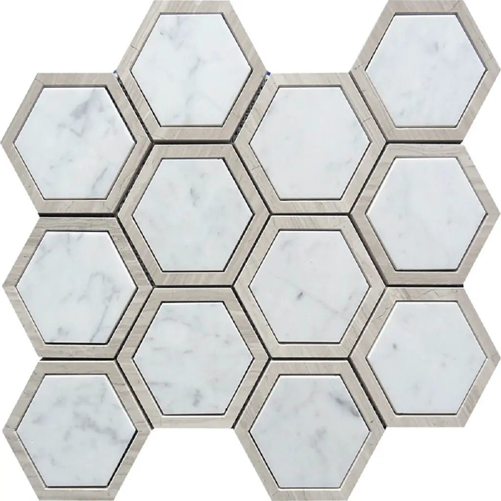 Bianco Carrara, Wooden Grey 12x14 Polished Hexagon Marble Mosaic Tile (5 pack, 5.48 sq ft/case) by Apollo Tile