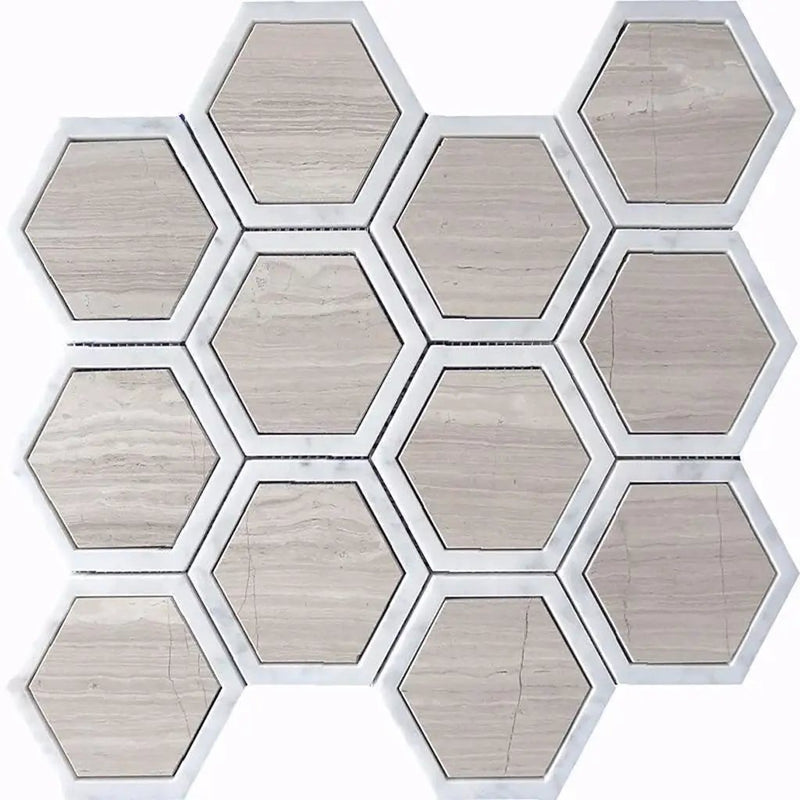 Wooden Grey, Bianco Carrara 12x14 Polished Hexagon Marble Mosaic Tile (5 pack, 5.48 sq ft/case) by Apollo Tile