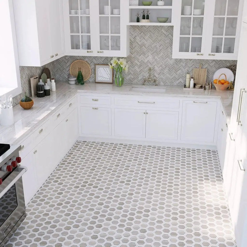 Wooden Grey, Bianco Carrara 12x14 Polished Hexagon Marble Mosaic Tile (5 pack, 5.48 sq ft/case) by Apollo Tile