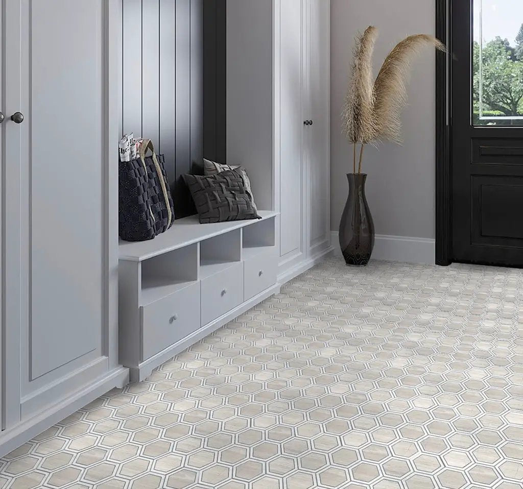 Wooden Grey, Bianco Carrara 12x14 Polished Hexagon Marble Mosaic Tile (5 pack, 5.48 sq ft/case) by Apollo Tile
