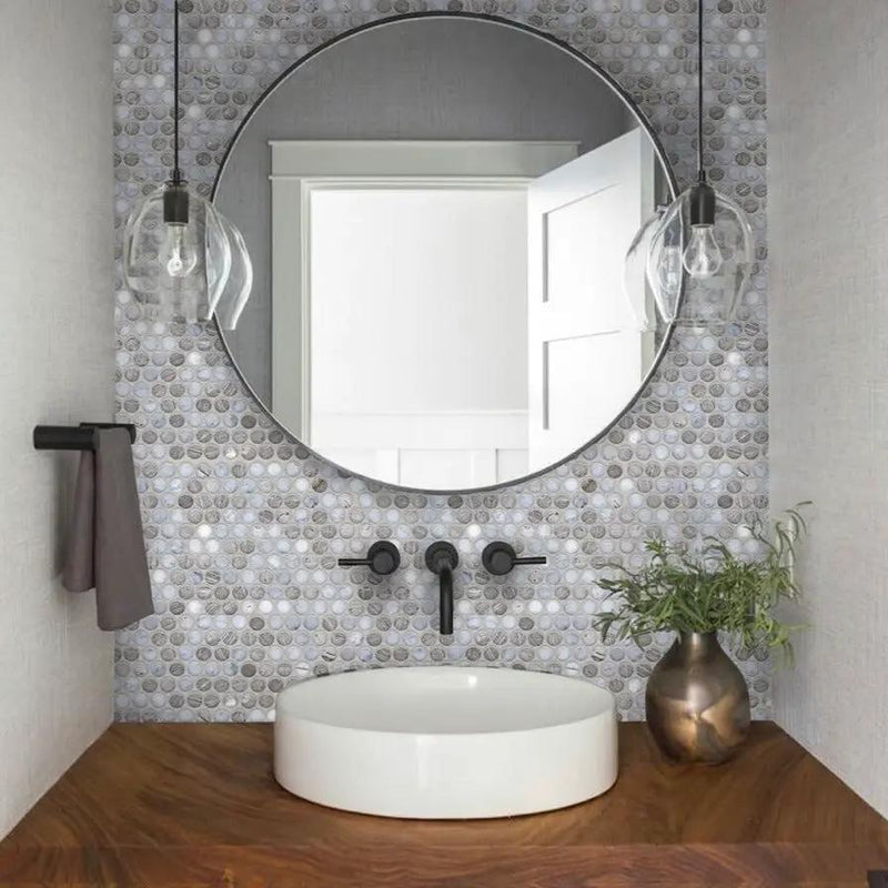 Wooden Grey Eastern White 11x12 Polished Penny Round Marble Mosaic Tile (5 pack, 4.83 sq ft/case) by Apollo Tile