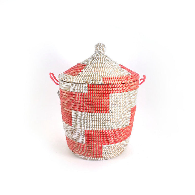 Red and White Stripe Woven Basket - Medium