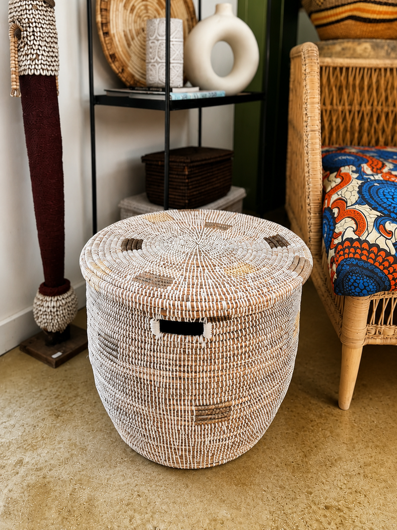 Minimalist White Round Basket with Gray Squares, photo 3 of 4
