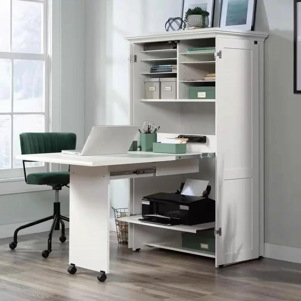 Drop Leaf Computer Desk Craft Table Armoire in White Wood Finish - Made in USA by HomePacific