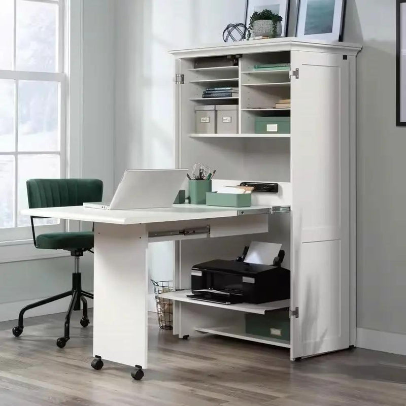 Drop Leaf Computer Desk Craft Table Armoire in White Wood Finish - Made in USA by HomePacific