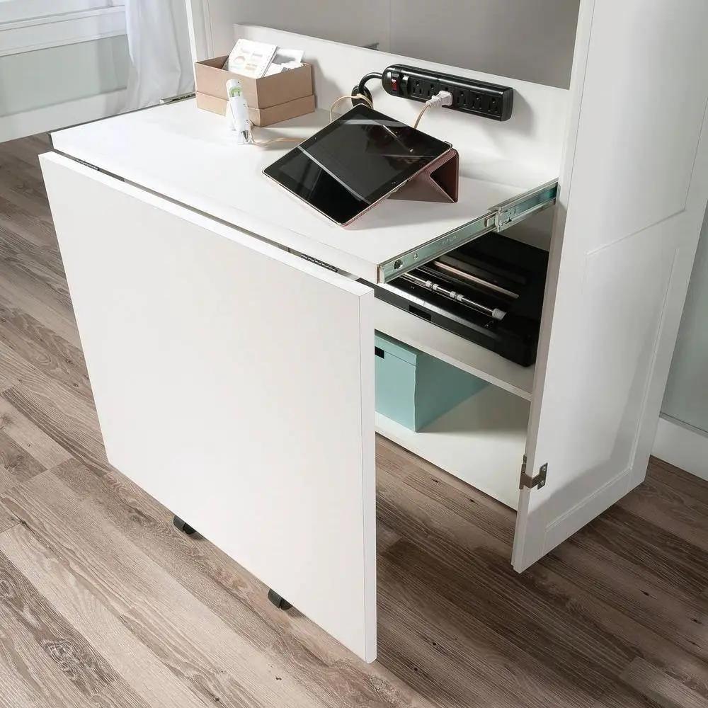 Drop Leaf Computer Desk Craft Table Armoire in White Wood Finish - Made in USA by HomePacific