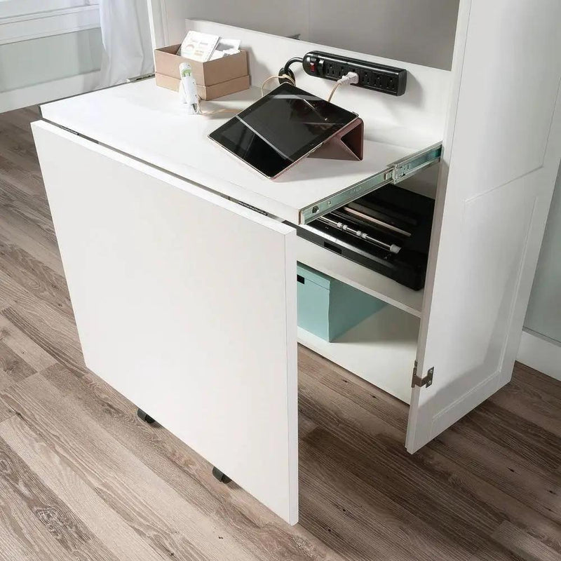 Drop Leaf Computer Desk Craft Table Armoire in White Wood Finish - Made in USA by HomePacific