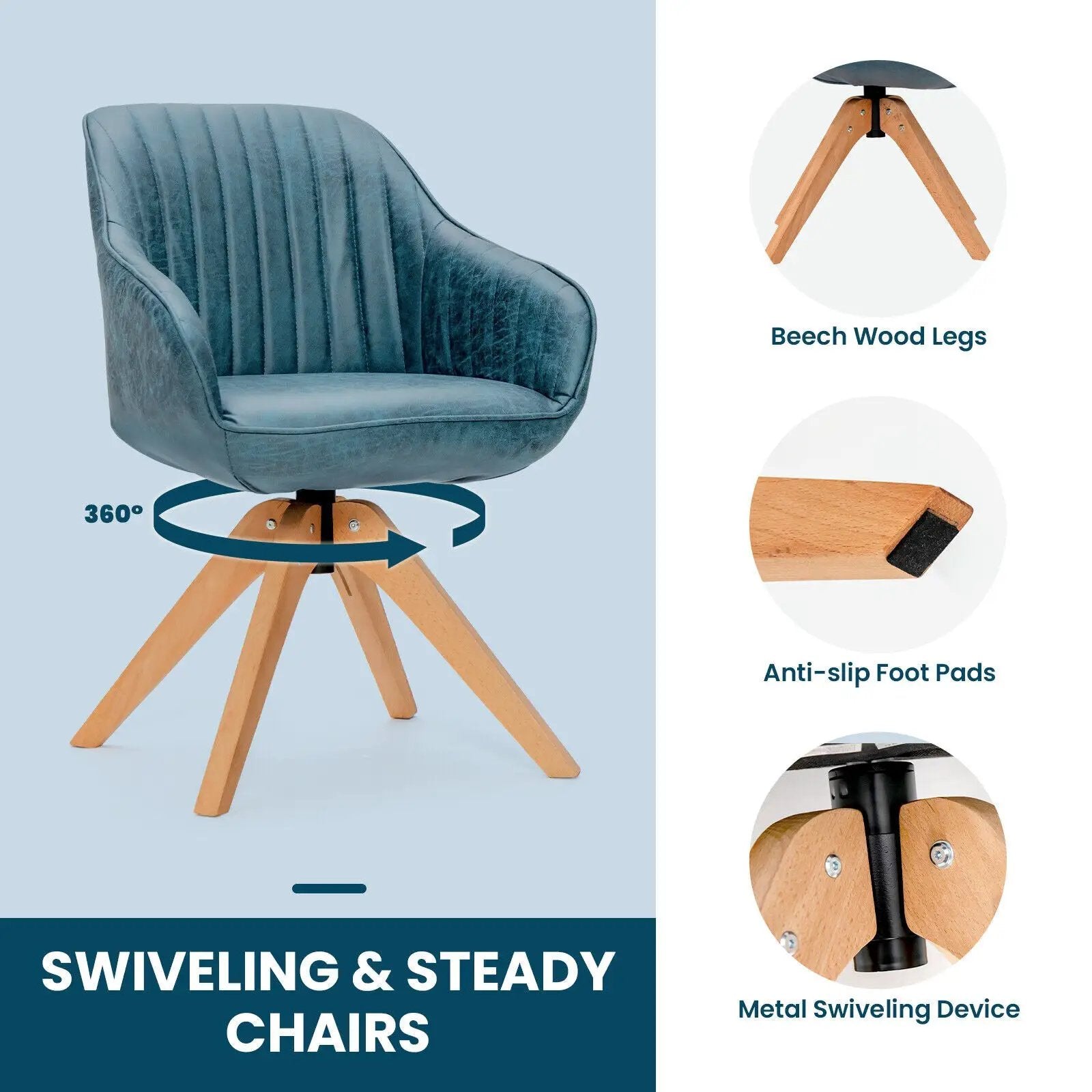 Modern Leathaire Set of 2 Swivel Accent Chair with Beech Wood Legs by DirectDeals