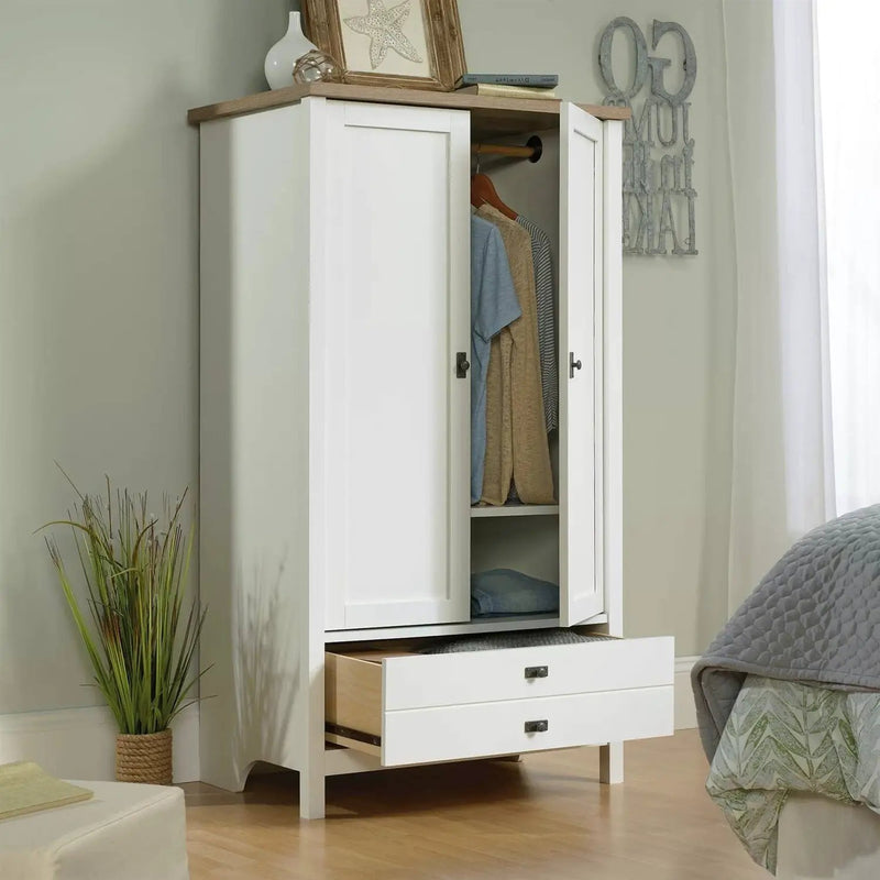 Farmhouse Bedroom Armoire Cabinet w/ Bottom Storage Drawer in White Wood Finish by HomePacific