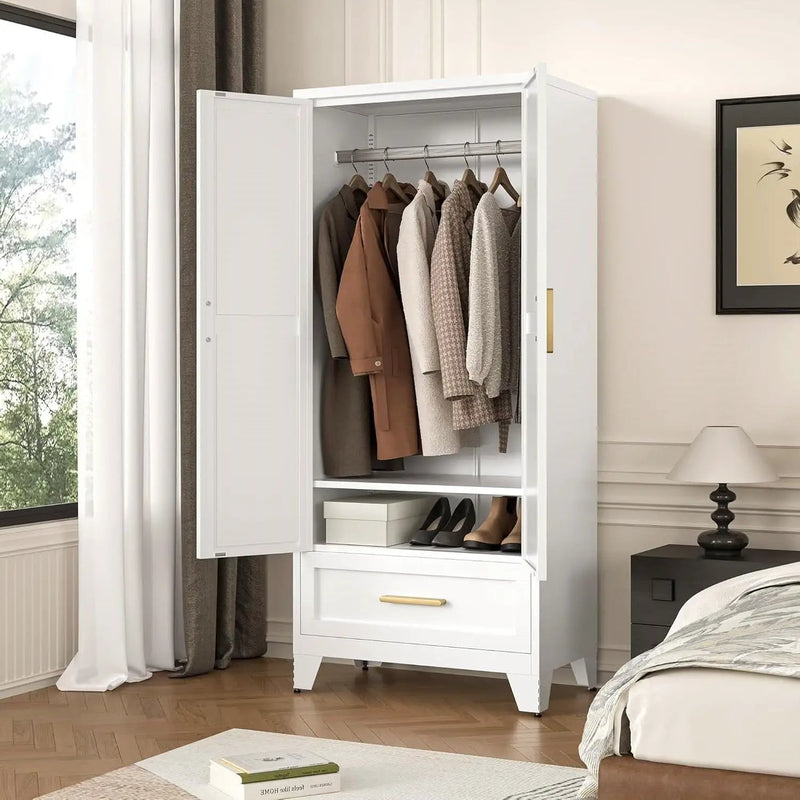 White 2-Door Wardrobe Armoire Cabinet with Storage Drawer and Hanging Rod by HomePacific