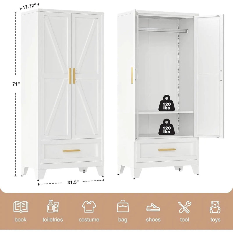White 2-Door Wardrobe Armoire Cabinet with Storage Drawer and Hanging Rod by HomePacific
