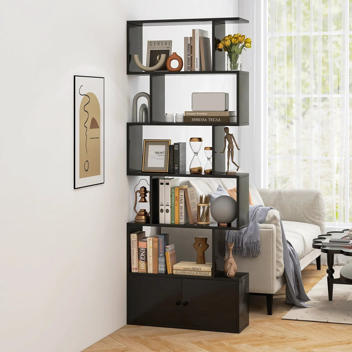 6-Tier S-Shaped Freestanding Bookshelf with Cabinet and Doors, photo 2 of 10