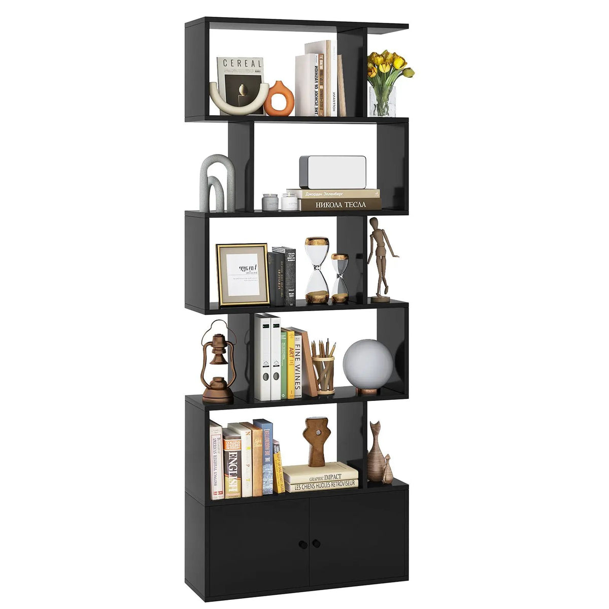6-Tier S-Shaped Freestanding Bookshelf with Cabinet and Doors, photo 4 of 10