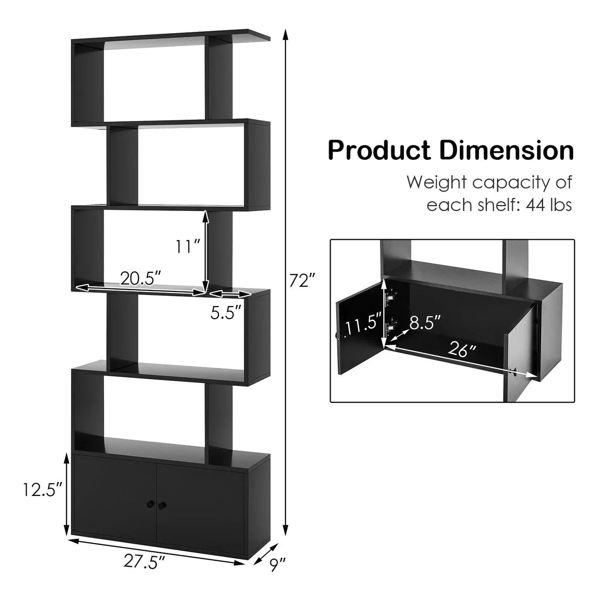 6-Tier S-Shaped Freestanding Bookshelf with Cabinet and Doors, photo 5 of 10