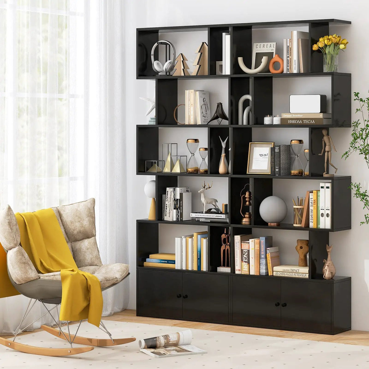 6-Tier S-Shaped Freestanding Bookshelf with Cabinet and Doors, photo 6 of 10