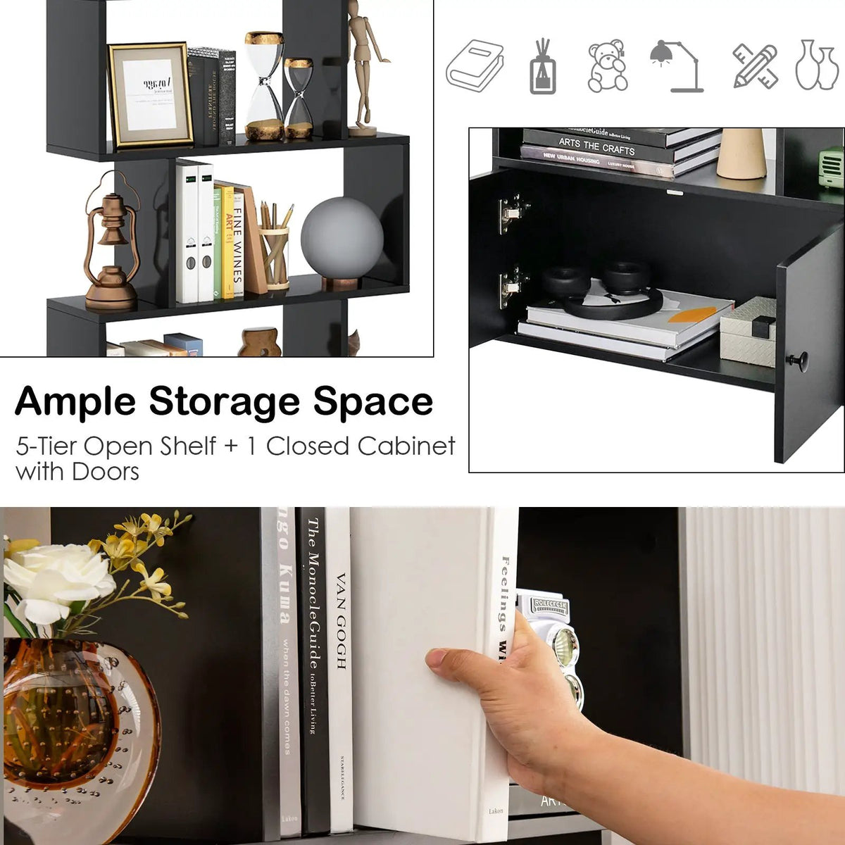 6-Tier S-Shaped Freestanding Bookshelf with Cabinet and Doors, photo 7 of 10
