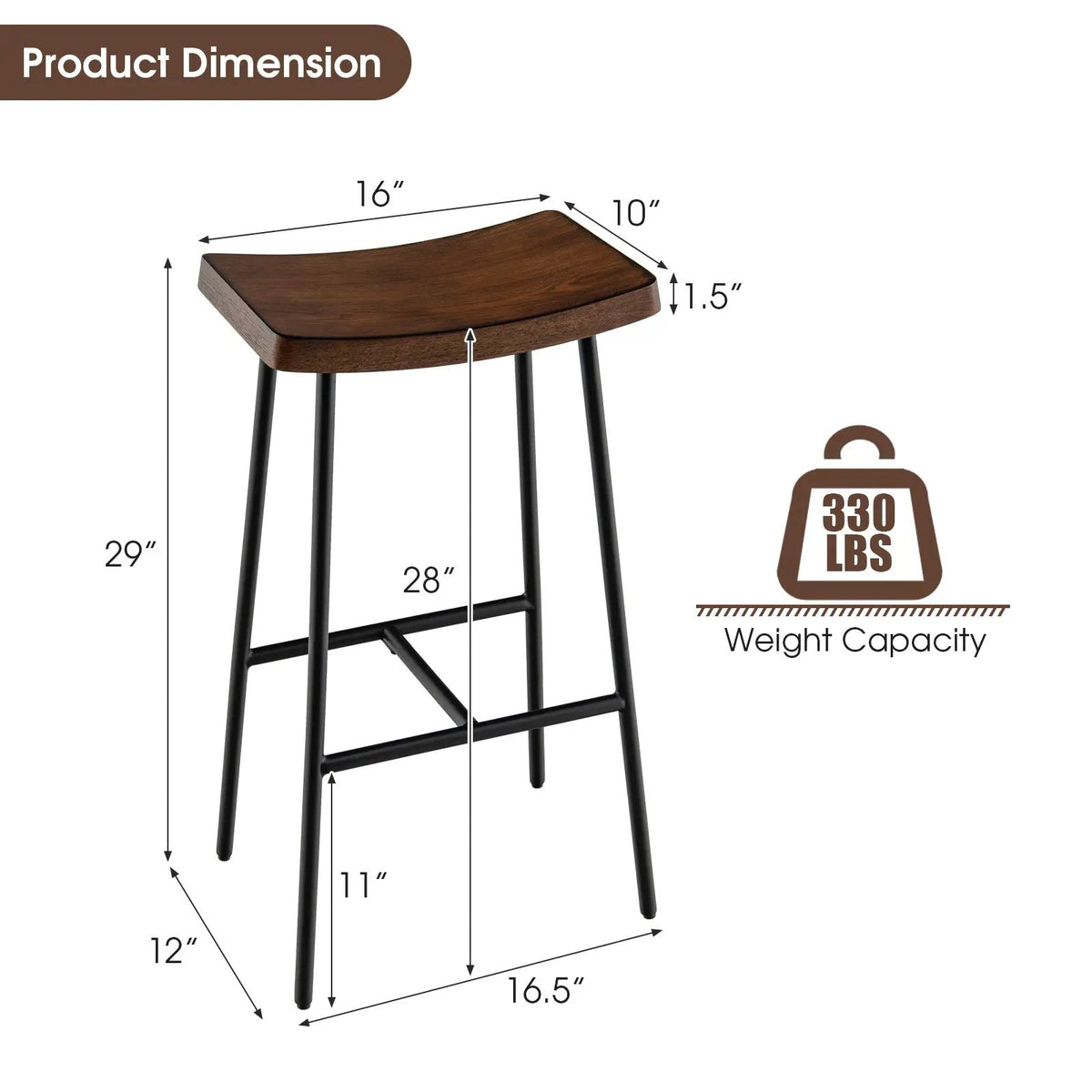 Industrial Saddle Stool with Metal Legs and Adjustable Foot Pads, dimensions drawing