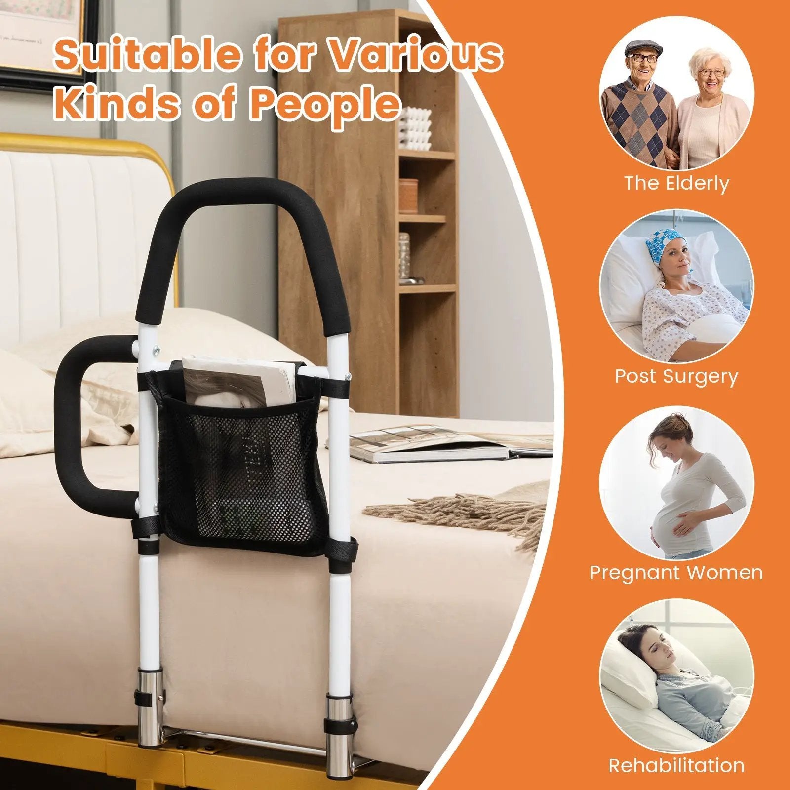 Safety Bed Assist Rail with Dual Handrail-White by DirectDeals