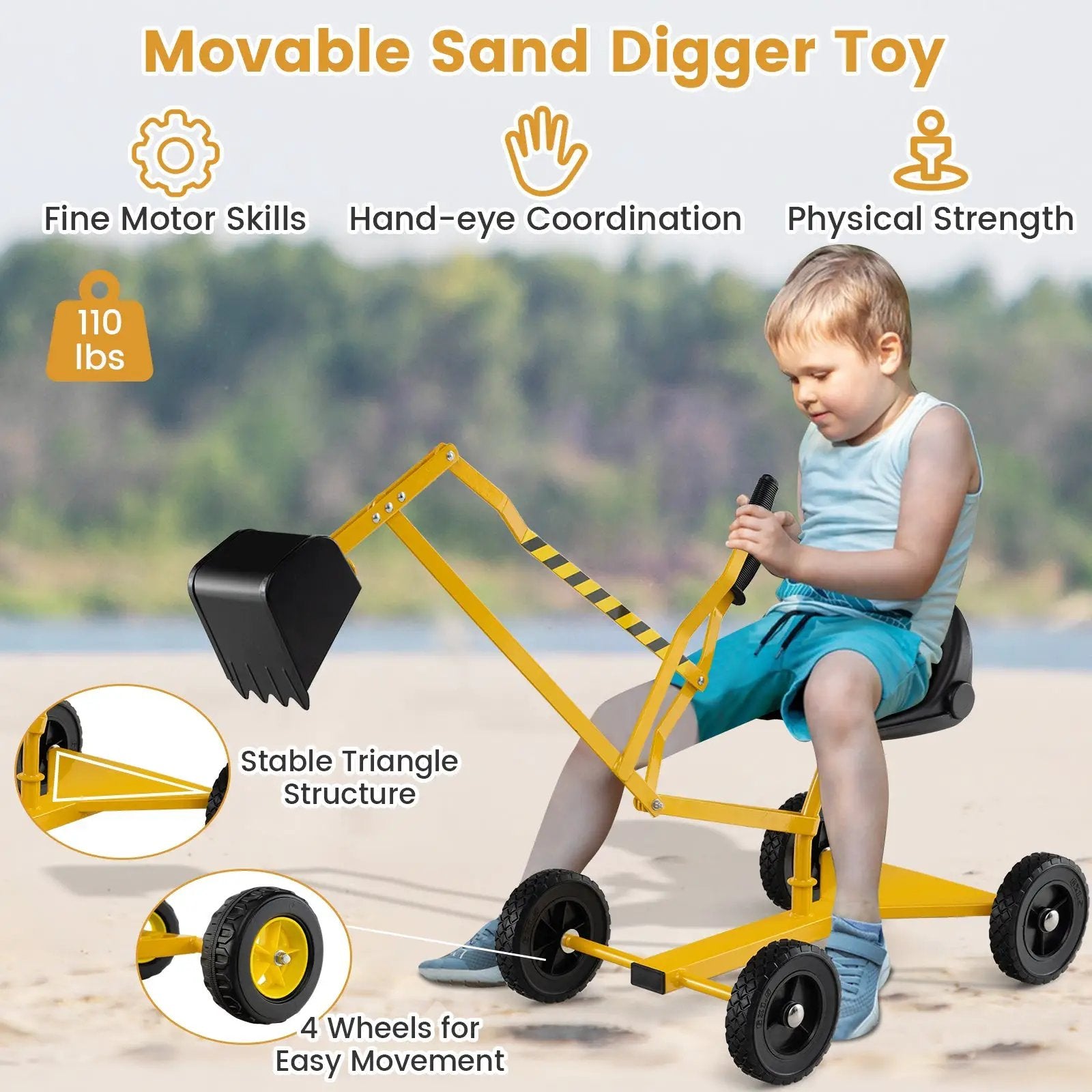 Sand Digger for Kids Sandbox Toy Digger with 2-Handed Controls and Flexible Shovel-Yellow by DirectDeals