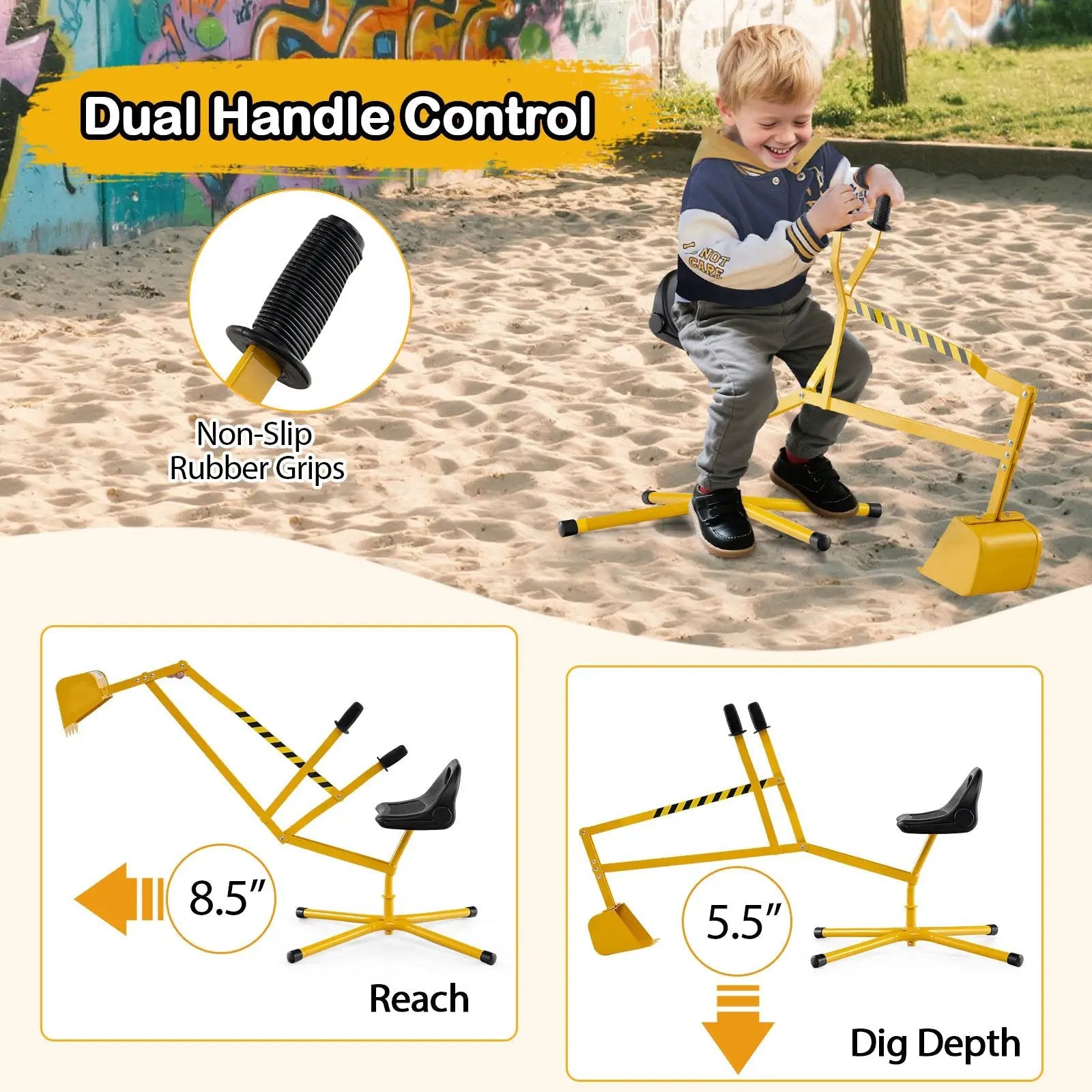 Sand Digger with 2-Handed Controls and Flexible Shovel for 3+ Years Old Kids-Yellow by DirectDeals