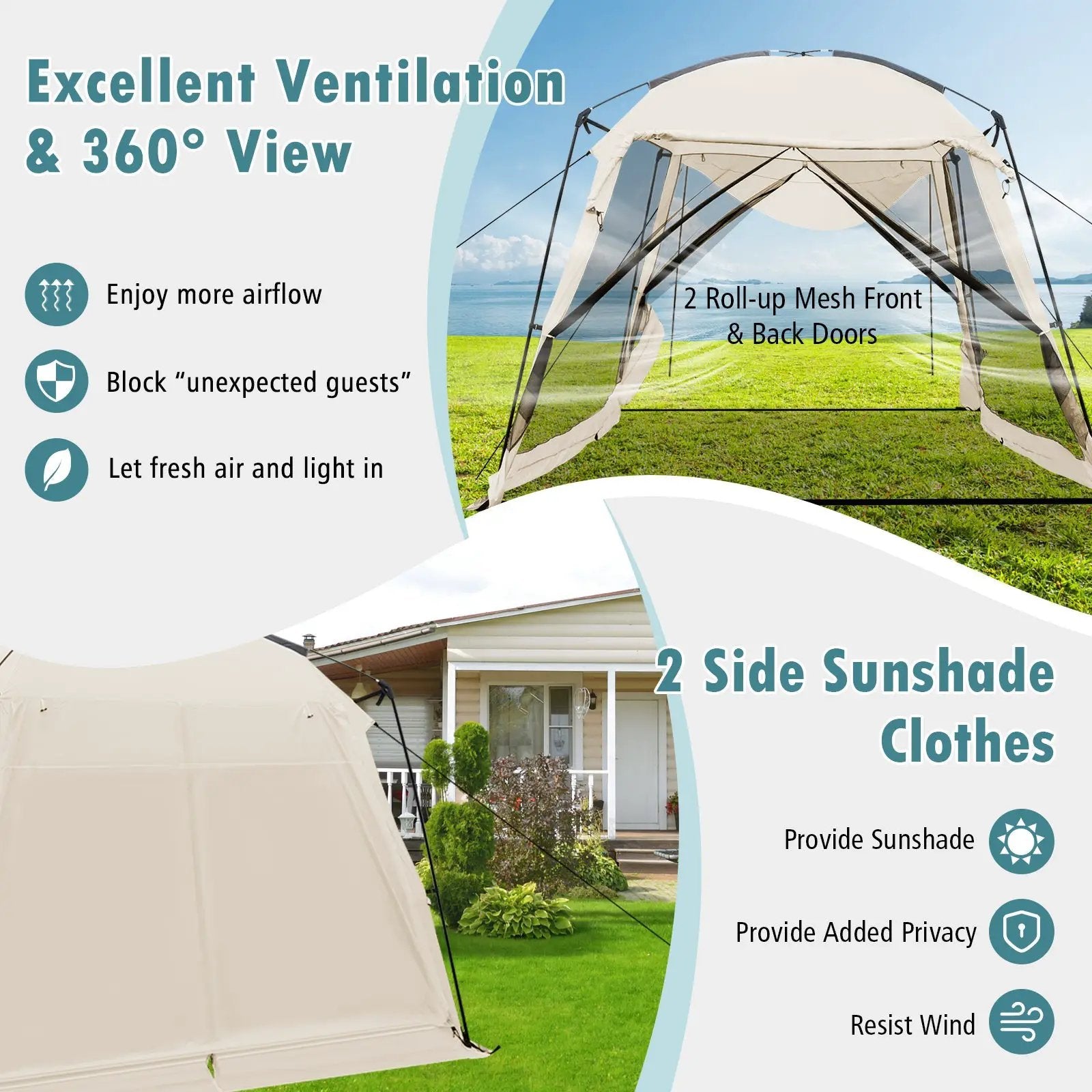 10 x 10 Feet Screened Canopy Tent w/ Vestibule and Zippered Door-Beige by DirectDeals