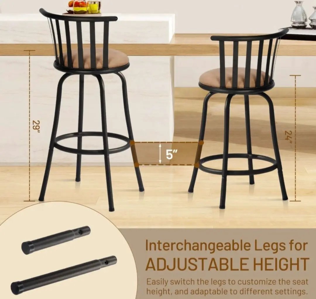 Open Box FurnitureR Adjustable Classic Barstools Set of 2, Country Style Bar Chairs with Back and Footrest Swivel Counter Height Bar Stools with Inter by Selzalot