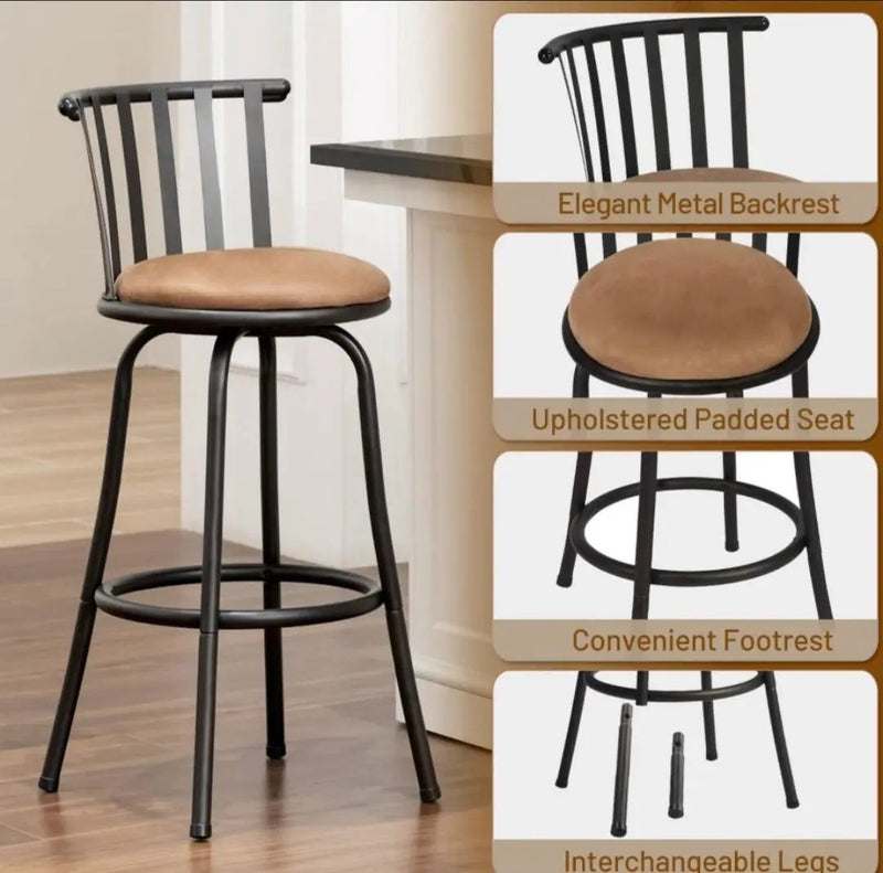 Open Box FurnitureR Adjustable Classic Barstools Set of 2, Country Style Bar Chairs with Back and Footrest Swivel Counter Height Bar Stools with Inter by Selzalot