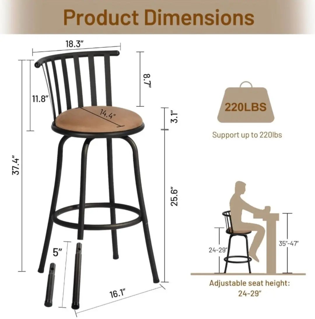 Open Box FurnitureR Adjustable Classic Barstools Set of 2, Country Style Bar Chairs with Back and Footrest Swivel Counter Height Bar Stools with Inter by Selzalot