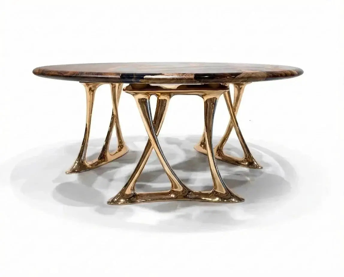 Luxury Round Walnut Dining Table with Rose Gold Aluminum Legs by Gizz