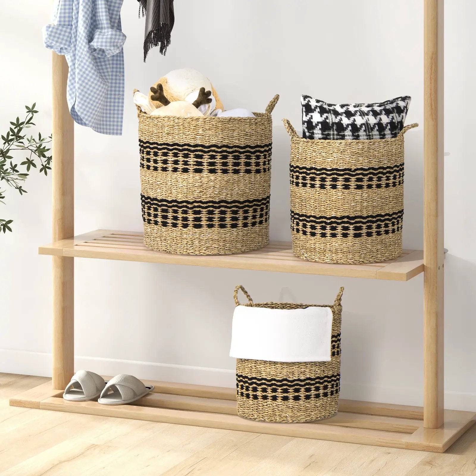 Seagrass Basket Set of 3 Stackable Storage Bins with Handles Woven Round Basket by DirectDeals