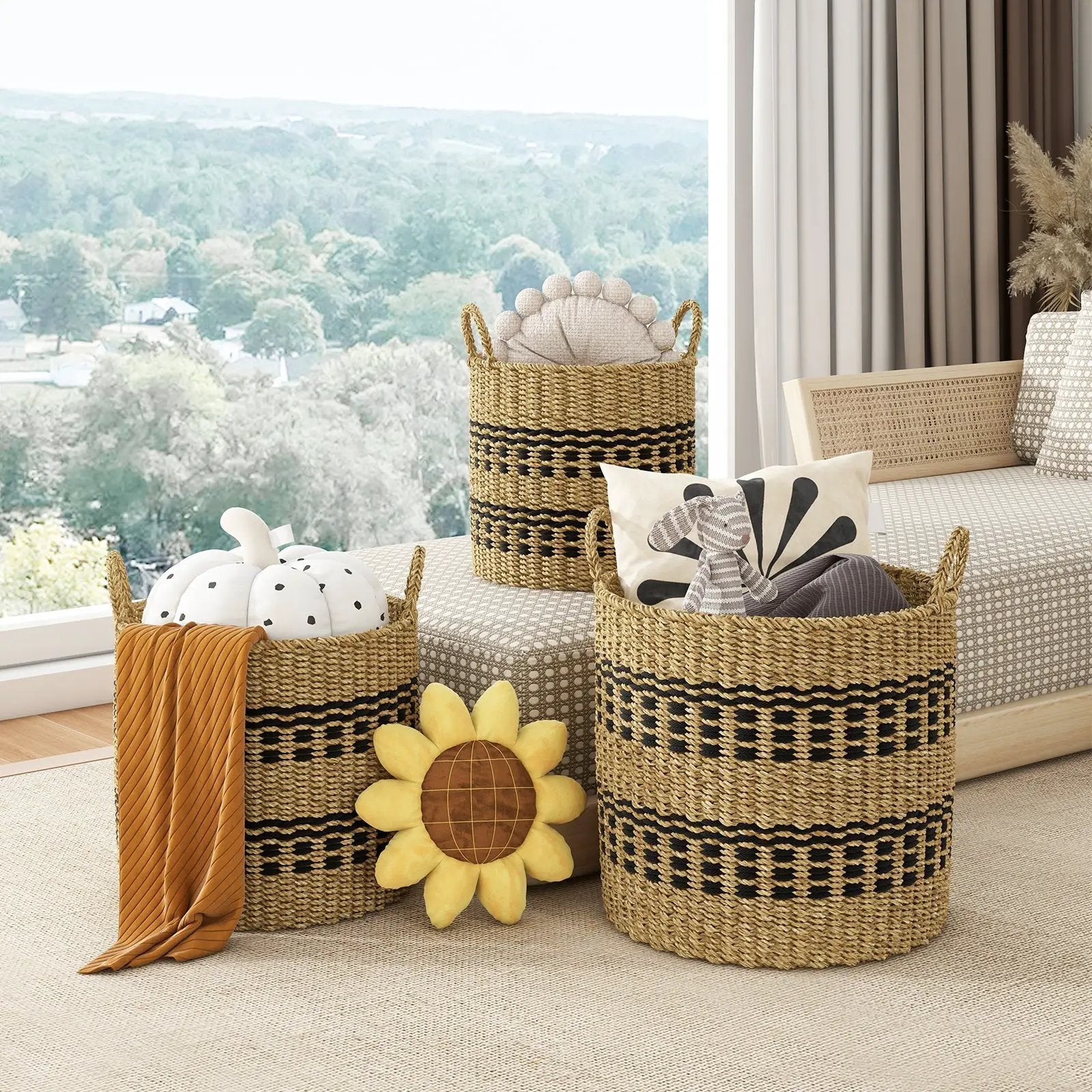 Seagrass Basket Set of 3 Stackable Storage Bins with Handles Woven Round Basket by DirectDeals