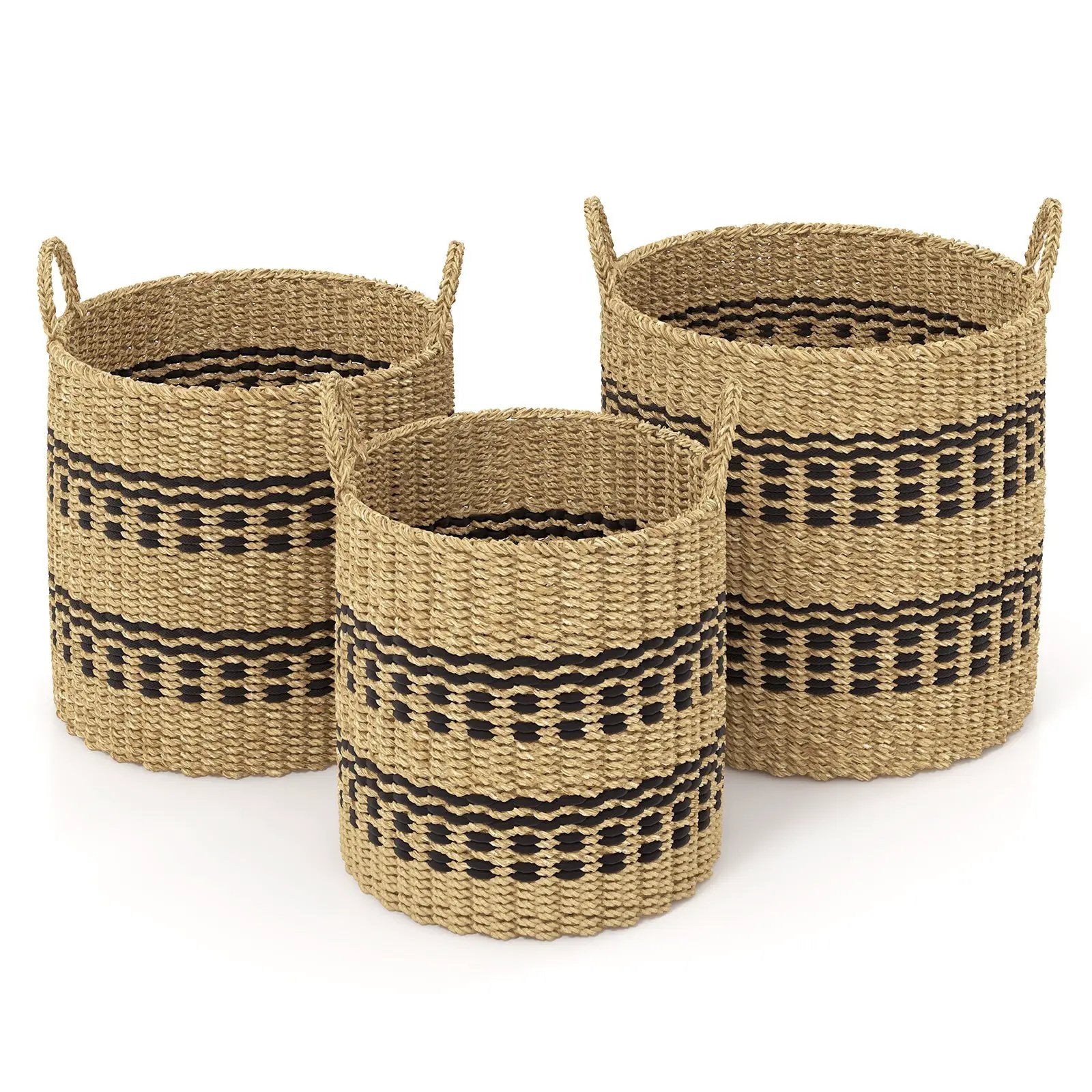 Seagrass Basket Set of 3 Stackable Storage Bins with Handles Woven Round Basket by DirectDeals