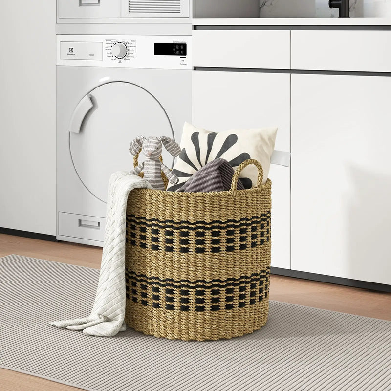 Seagrass Basket Set of 3 Stackable Storage Bins with Handles Woven Round Basket by DirectDeals