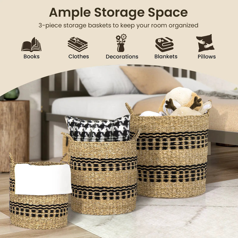 Seagrass Basket Set of 3 Stackable Storage Bins with Handles Woven Round Basket by DirectDeals