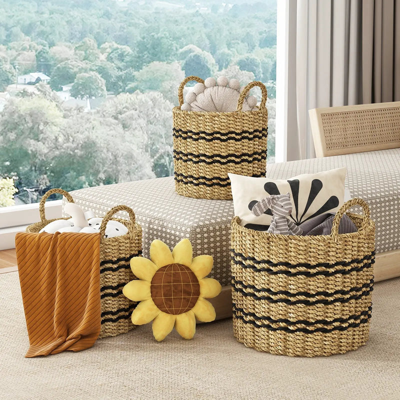 Seagrass Basket Set of 3 Stackable Storage Bins with Handles Woven Round Basket by DirectDeals