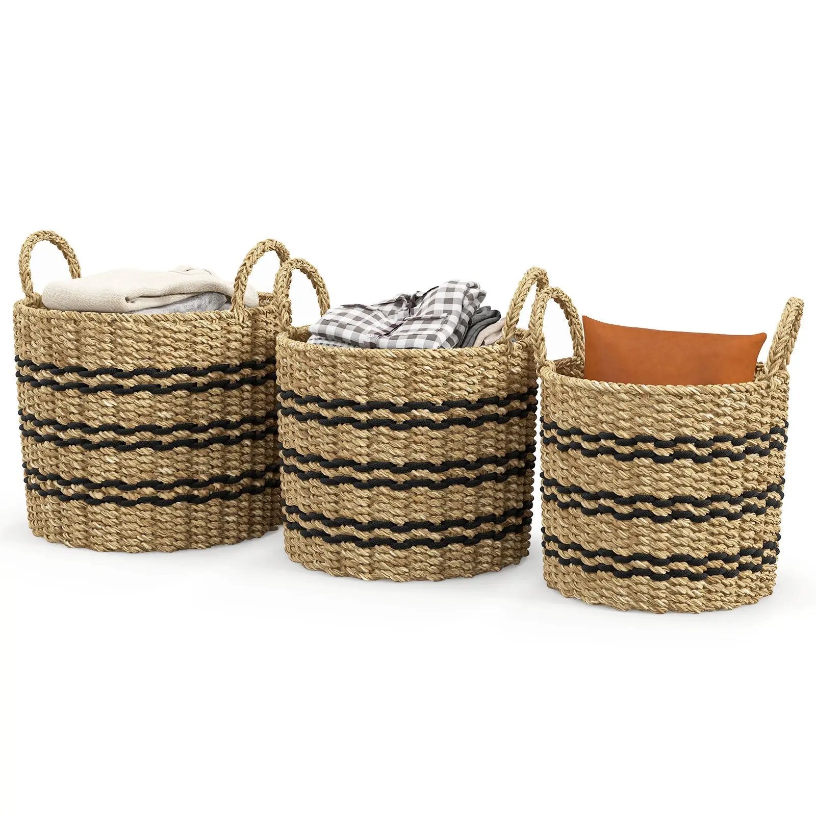 Seagrass Basket Set of 3 Stackable Storage Bins with Handles Woven Round Basket by DirectDeals