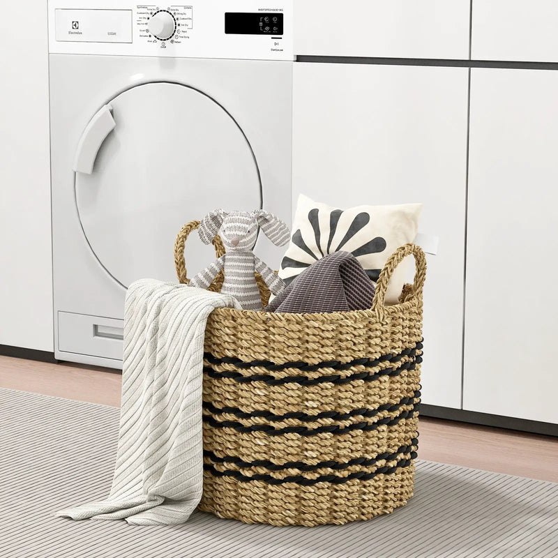 Seagrass Basket Set of 3 Stackable Storage Bins with Handles Woven Round Basket by DirectDeals