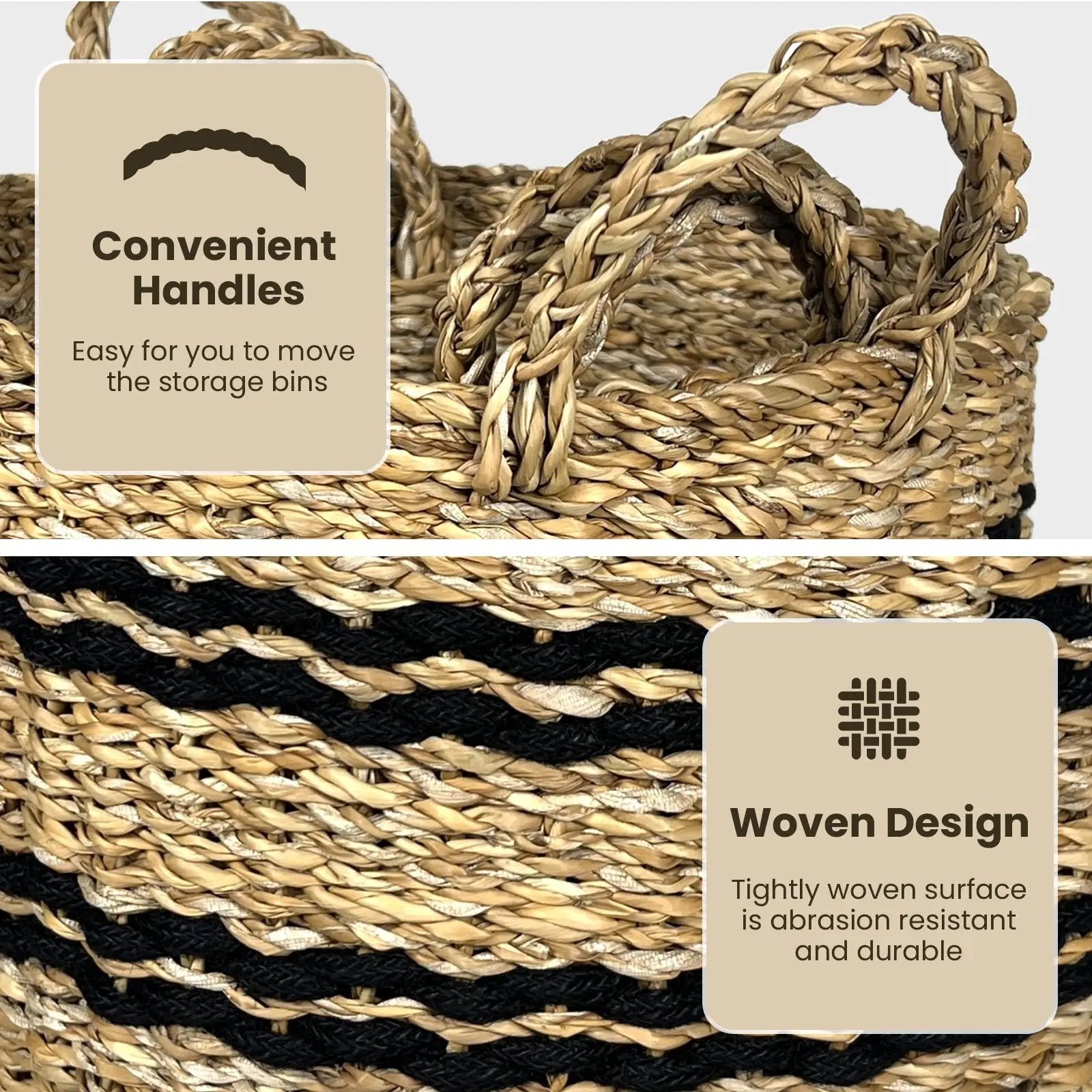 Seagrass Basket Set of 3 Stackable Storage Bins with Handles Woven Round Basket by DirectDeals