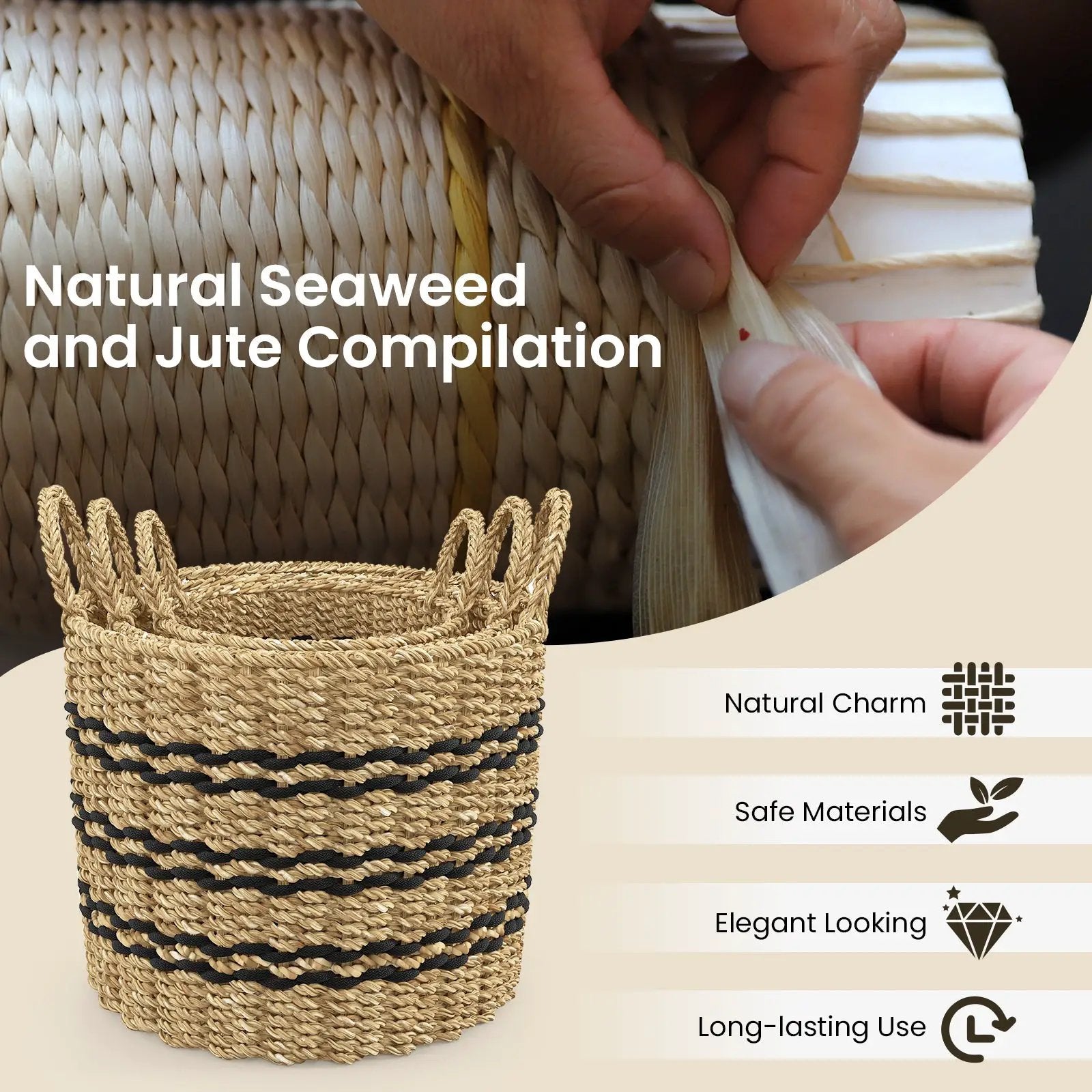 Seagrass Basket Set of 3 Stackable Storage Bins with Handles Woven Round Basket by DirectDeals