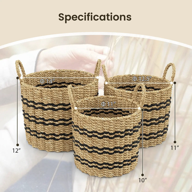 Seagrass Basket Set of 3 Stackable Storage Bins with Handles Woven Round Basket by DirectDeals