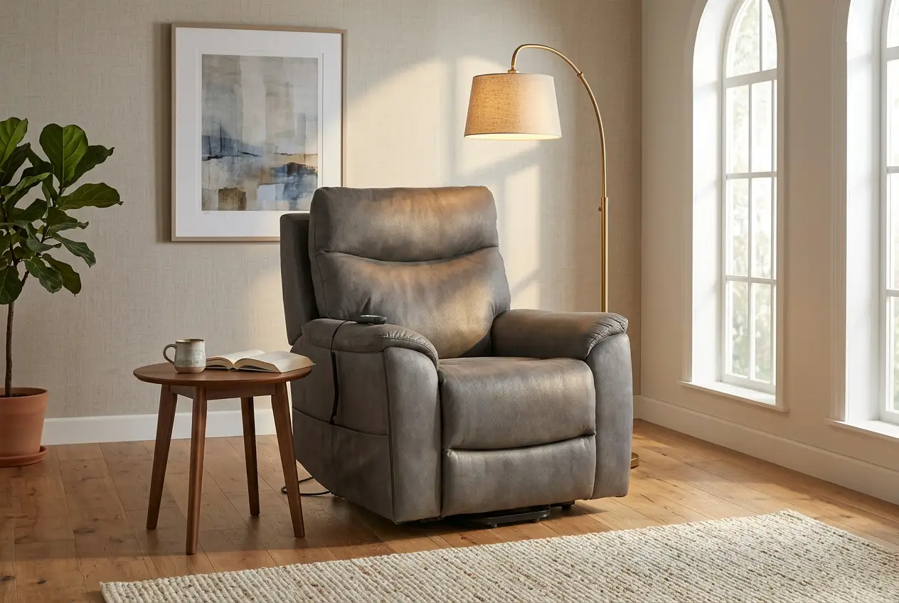 Serenity Slate Grey Ultra Infinite Position Lift Chair with Power Headrest, Heat, Massage & Wireless Charging by Ornate Furniture