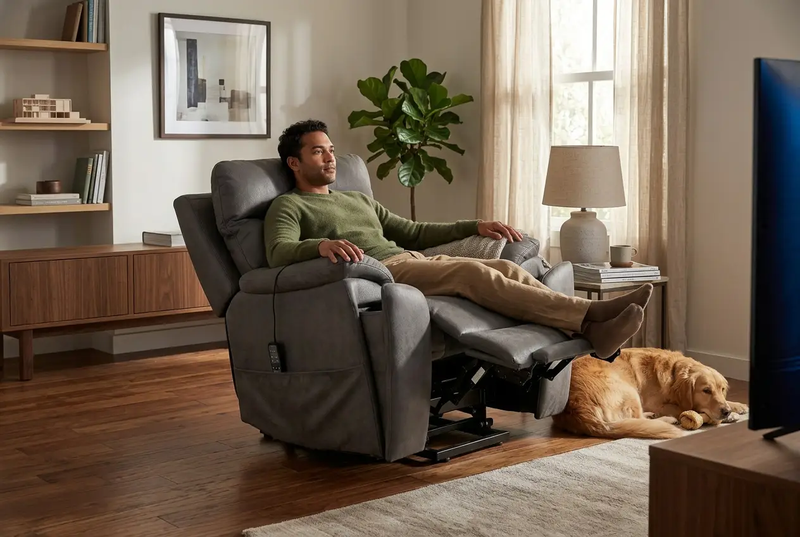 Serenity Slate Grey Ultra Infinite Position Lift Chair with Power Headrest, Heat, Massage & Wireless Charging by Ornate Furniture