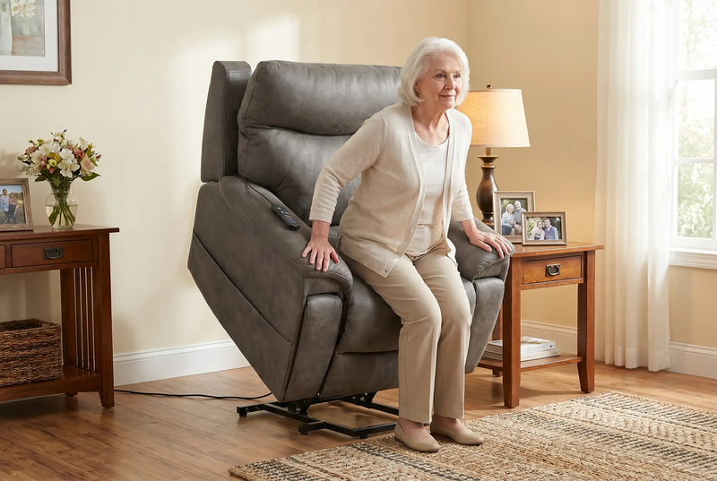 Serenity Slate Grey Ultra Infinite Position Lift Chair with Power Headrest, Heat, Massage & Wireless Charging by Ornate Furniture