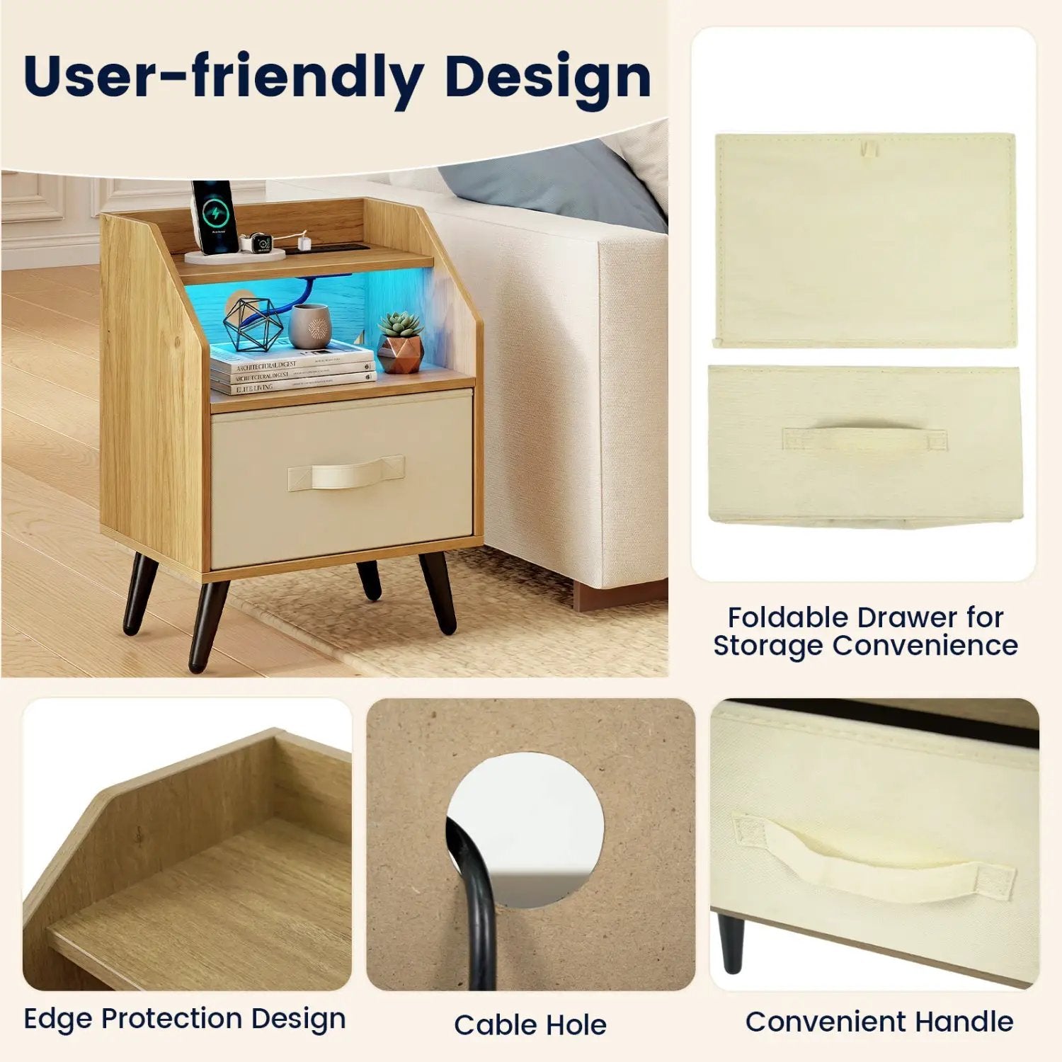 LED Nightstand Set with Charging Station & Drawer (Set of 2) by DirectDeals