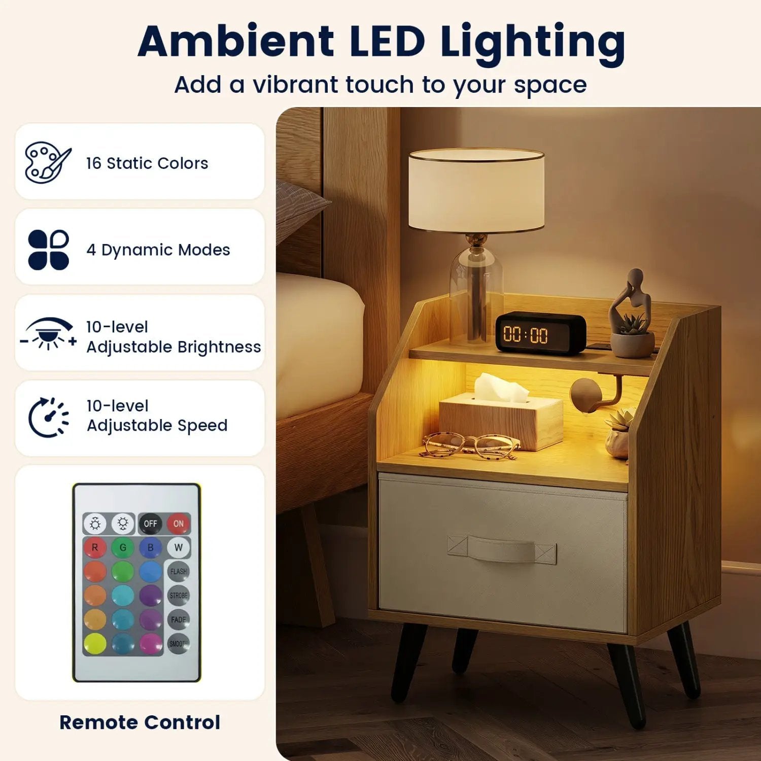 LED Nightstand Set with Charging Station & Drawer (Set of 2) by DirectDeals