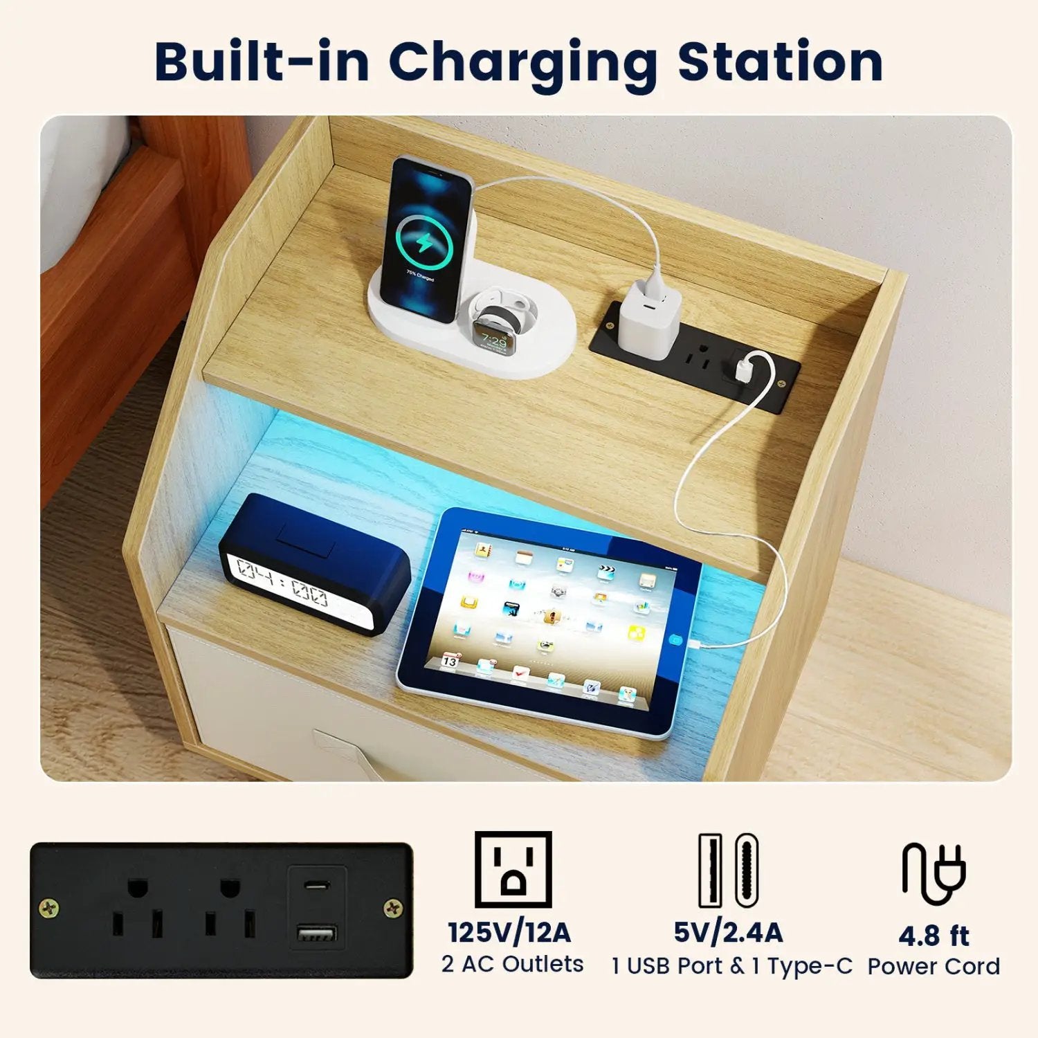 LED Nightstand Set with Charging Station & Drawer (Set of 2) by DirectDeals